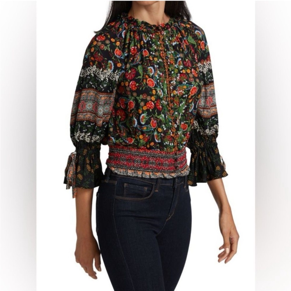 Alice + Olivia Kora Smocked Peasant Top Black Red Floral Boho Blouse Small